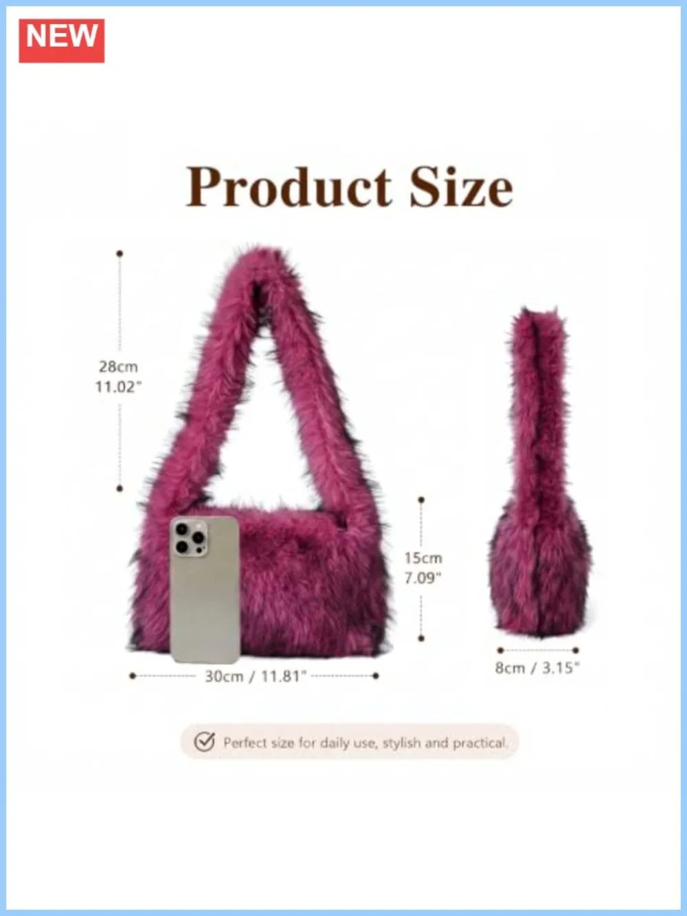 Faux Fur Shoulder Bag Hobo Tote Plush Zip Closure